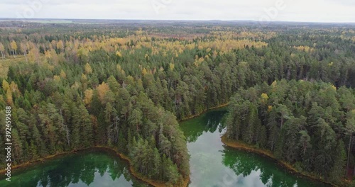 Sunset at blue lake. Beautiful autumn aerial footage. photo