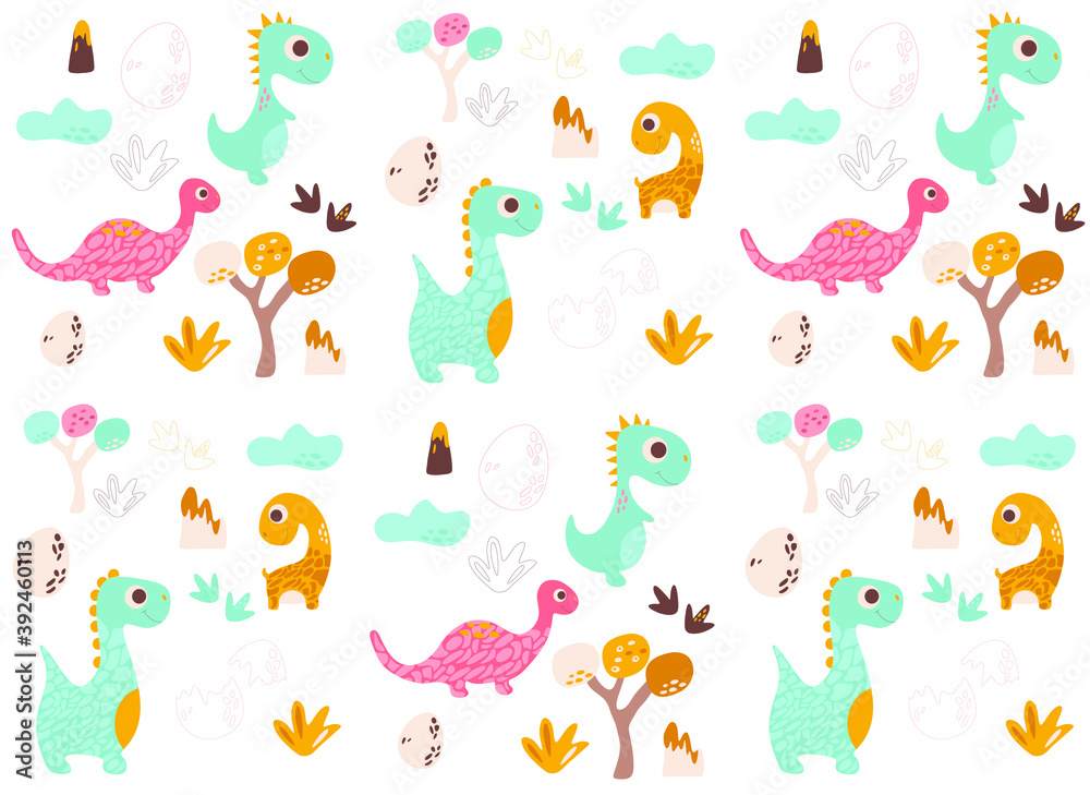 background with dinosaurs, vector illustration (dino, eggs, trees, footprints, volcano) background with dinosaurs, vector illustration (dino, eggs, trees, footprints, volcano)