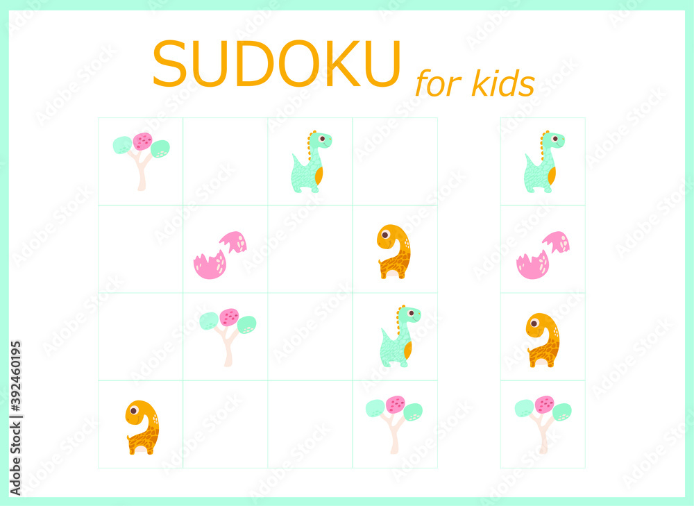 sudoku for kids with dinosaurs. Sudoku. Children's puzzles. Educational game for children. colored dinosaurs