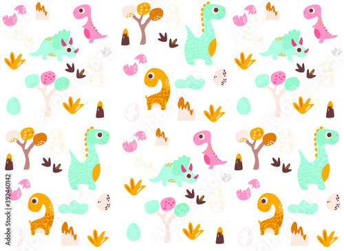 background with dinosaurs  vector illustration  dino  eggs  trees  footprints  volcano 