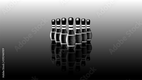 Sample 3d poster. Seven black bowling pins with white stripes on a dark mirror with reflection. EPS10