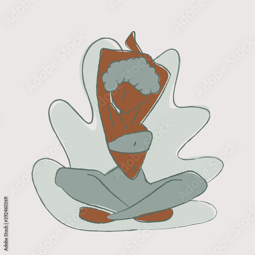 Vector of an afro fitness girl doing stretching. After sports, stretching exercises. Yoga time.