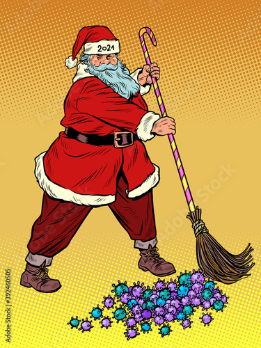 Santa Claus sweeps out the coronavirus epidemic. Vaccine and medications