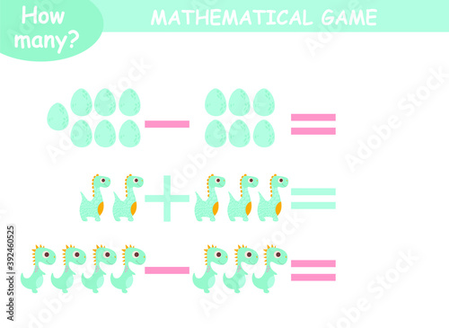 examples of addition and subtraction with dinosaurs. educational page with mathematical examples for children.