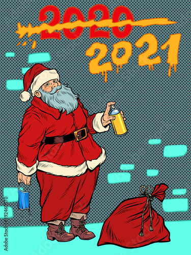 Santa Claus graffiti meets new year 2021 and crosses out the year 2020