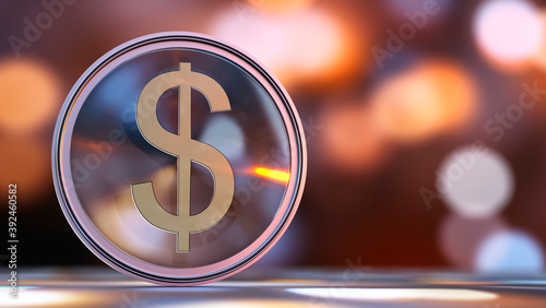 Dollar symbol in a metal sphere with a transparent top on a blurred bokeh background. 3D. Finance. Forex. Copy space