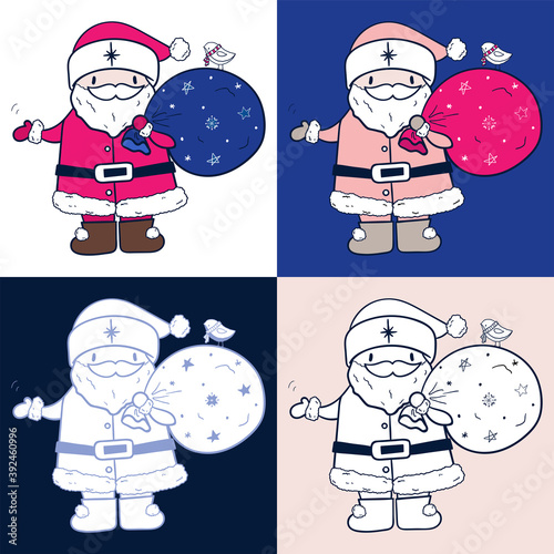 Cartoon Santa Claus with gift bag and little bird. Cute Father Christmas waving his hand. Saint Nicholas wearing coat with white fur. Colorized outline hand drawn vector illustration