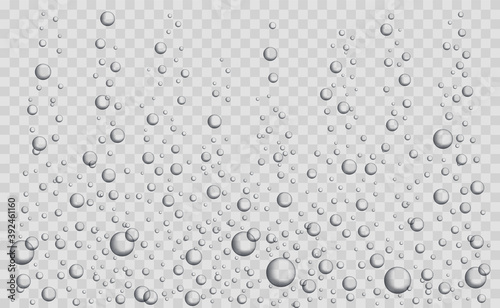 Fizzing air bubbles underwater on transparent background. Realistic water bubbles. Bubbles for fizzy drinks, sparkling champagne and tablet, water soluble.