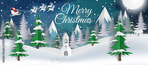 card or banner on Merry Christmas in white on a blue background with aurora borealis, snowflakes Santa's sleigh and a snowy hill with fir trees and a chapel