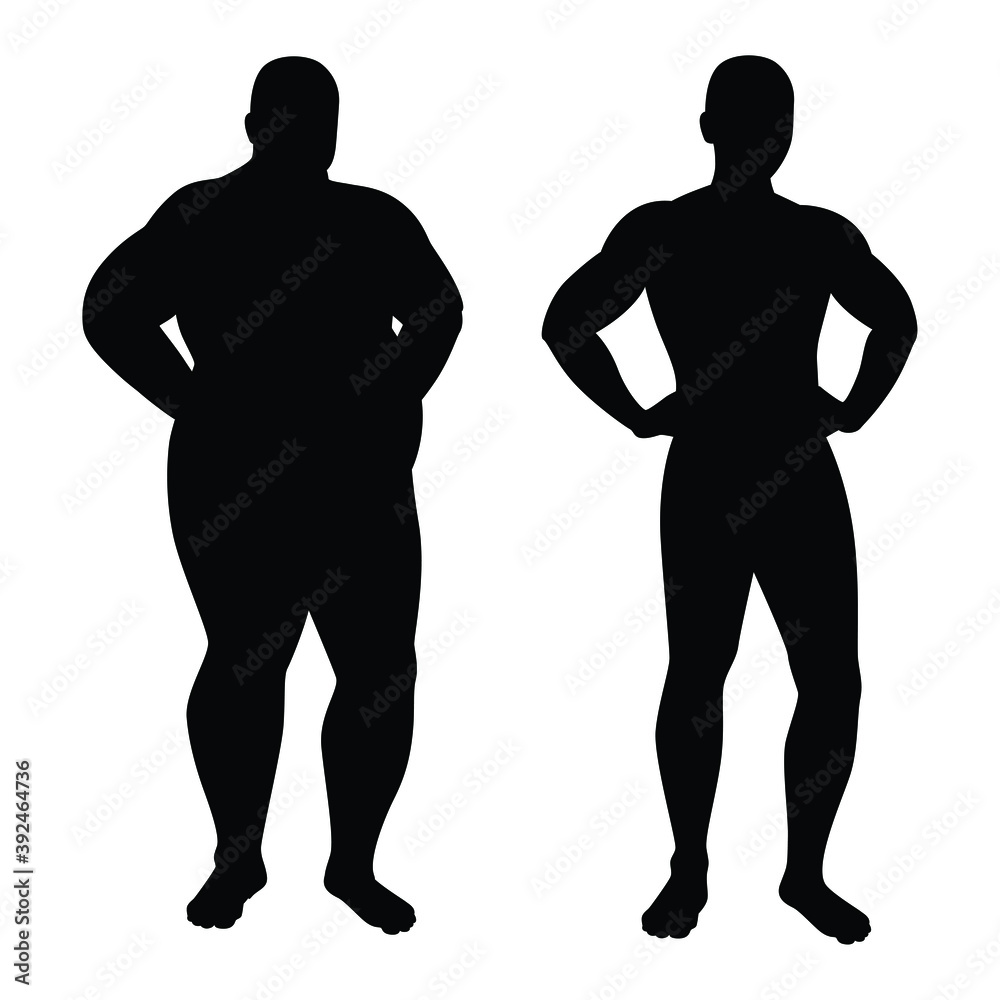 Fat and thin man silhouette vector on white background