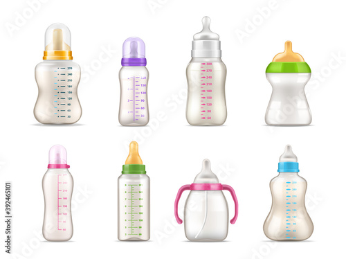 Baby feeding bottles, milk feeders, realistic 3D