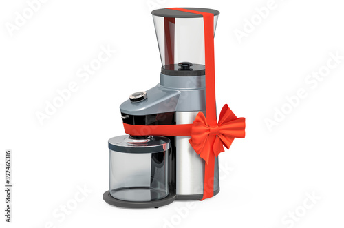 Electric coffee grinder with ribbon and bow, gift concept. 3D rendering