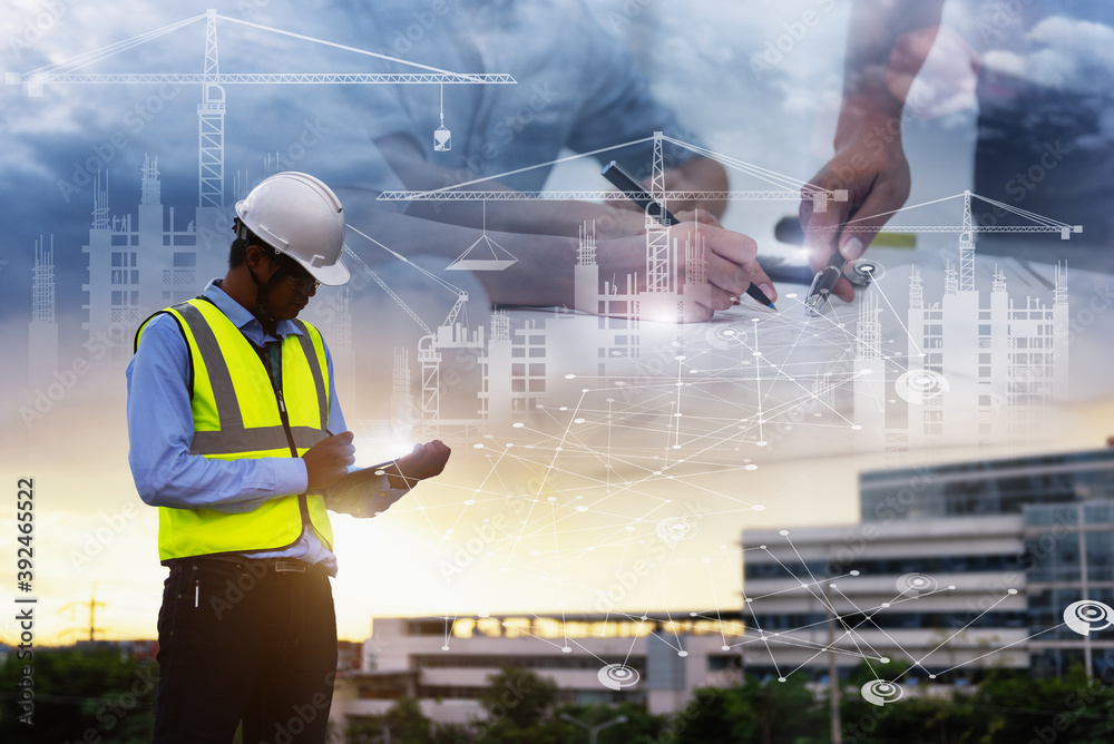 Engineering Consulting People on construction site holding tablet in his hand. Management in business workflow and Building inspector with BIM technology in Construction Project. - obrazy, fototapety, plakaty 