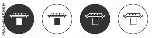 Black Luxury limousine car and carpet icon isolated on white background. For world premiere celebrities and guests poster. Circle button. Vector Illustration.