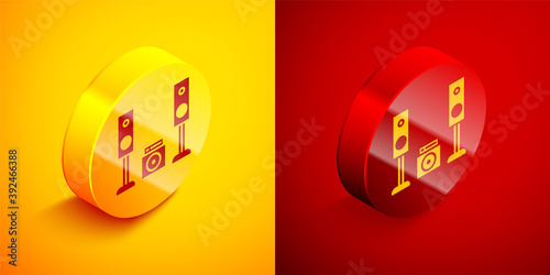 Free Download Isometric Home stereo with two speaker s icon isolated on orange and red background. Music system. Circle button. Vector Illustration. - GFXLoad
