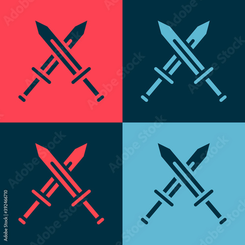 Pop art Crossed medieval sword icon isolated on color background. Medieval weapon. Vector.