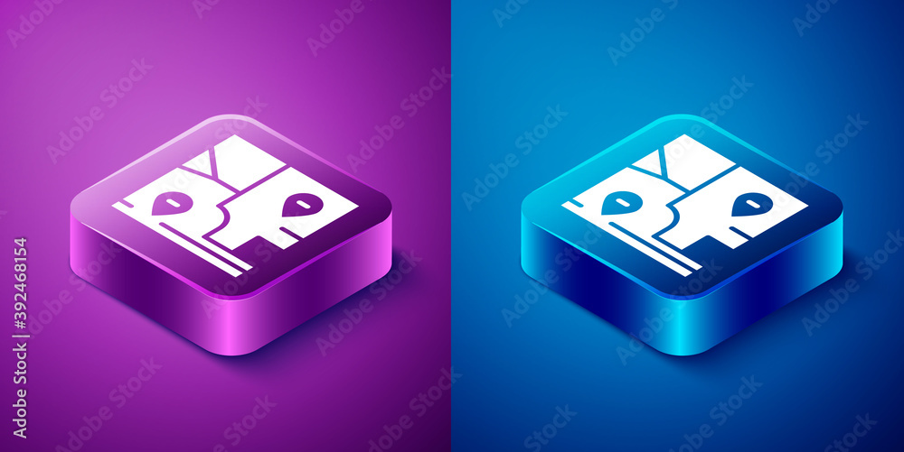 Isometric Folded map with location marker icon isolated on blue and purple background. Square button. Vector. Isometric Folded map with location marker icon isolated on blue and purple background. Square button. Vector.
