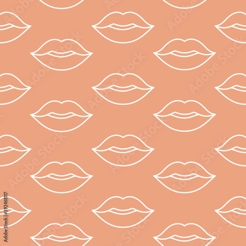 Lipstick kiss marks seamless pattern on a nude background. Romantic background for Valentine's Day card. Nude plump pout woman lips.