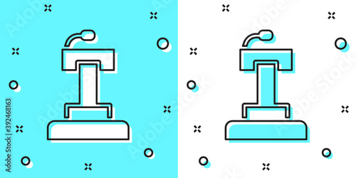 Black line Stage stand or debate podium rostrum icon isolated on green and white background. Conference speech tribune. Random dynamic shapes. Vector.