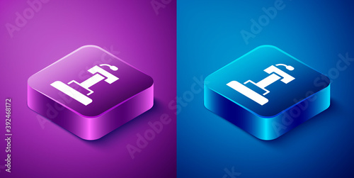 Isometric Stage stand or debate podium rostrum icon isolated on blue and purple background. Conference speech tribune. Square button. Vector.