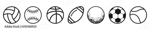 Sport ball icon set. contain Balls for Football, Soccer, Basketball, Tennis, Baseball, Volleyball, golf ball. rugby ball, Vector illustration