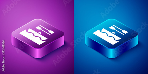 Isometric Boat with oars icon isolated on blue and purple background. Water sports, extreme sports, holiday, vacation, team building. Square button. Vector.