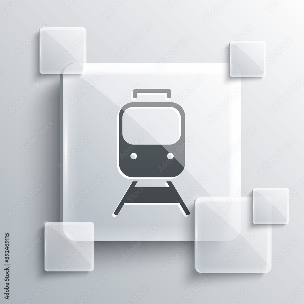 Grey Train and railway icon isolated on grey background. Public transportation symbol. Subway train transport. Metro underground. Square glass panels. Vector. Grey Train and railway icon isolated on grey background. Public transportation symbol. Subway train transport. Metro underground. Square glass panels. Vector.
