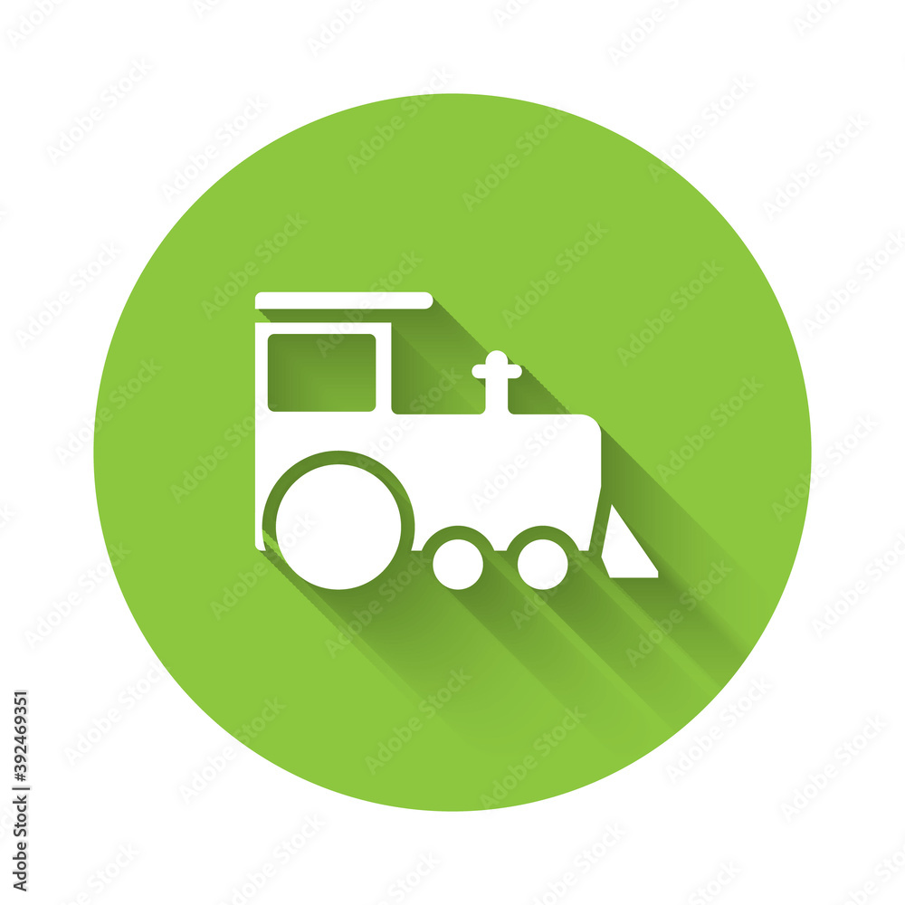 White Toy train icon isolated with long shadow. Green circle button. Vector. White Toy train icon isolated with long shadow. Green circle button. Vector.