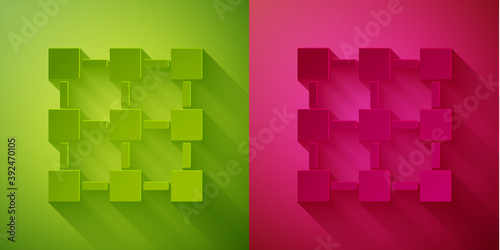 Paper cut Blockchain technology icon isolated on green and pink background. Cryptocurrency data. Abstract geometric block chain network technology business. Paper art style. Vector.