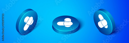Isometric Sports nutrition bodybuilding proteine power drink and food icon isolated on blue background. Blue circle button. Vector.