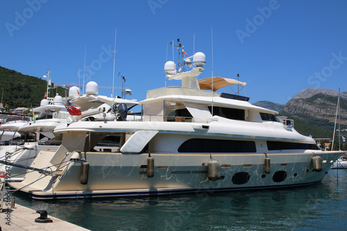 Modern yachts from different countries in the seaport of Budva in Montenegro.