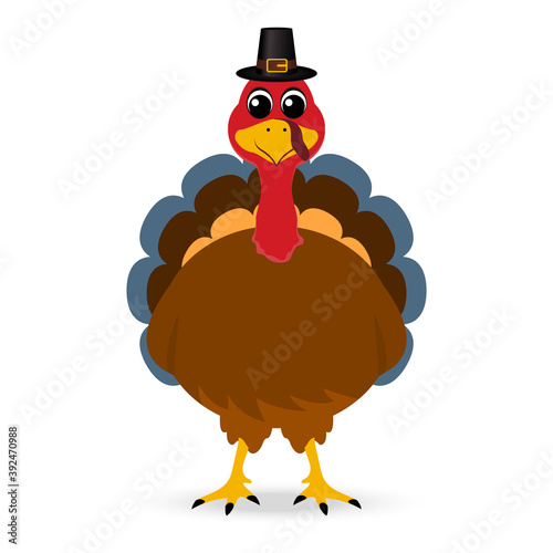 Thanksgiving cartoon turkey stands on a white background. Vector illustration for the holiday