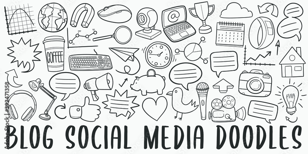 Blog doodle icon set. Social Media Style Vector illustration collection. Banner Hand drawn Line art style.
