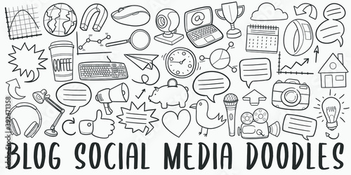 Blog doodle icon set. Social Media Style Vector illustration collection. Banner Hand drawn Line art style.