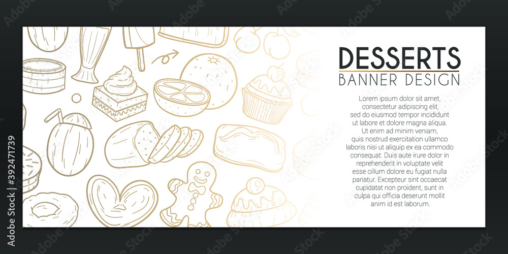 Desserts Banner Doodles. Food Background Hand drawn. Sugar Sweets illustration. Vector Horizontal Design. Desserts Banner Doodles. Food Background Hand drawn. Sugar Sweets illustration. Vector Horizontal Design.