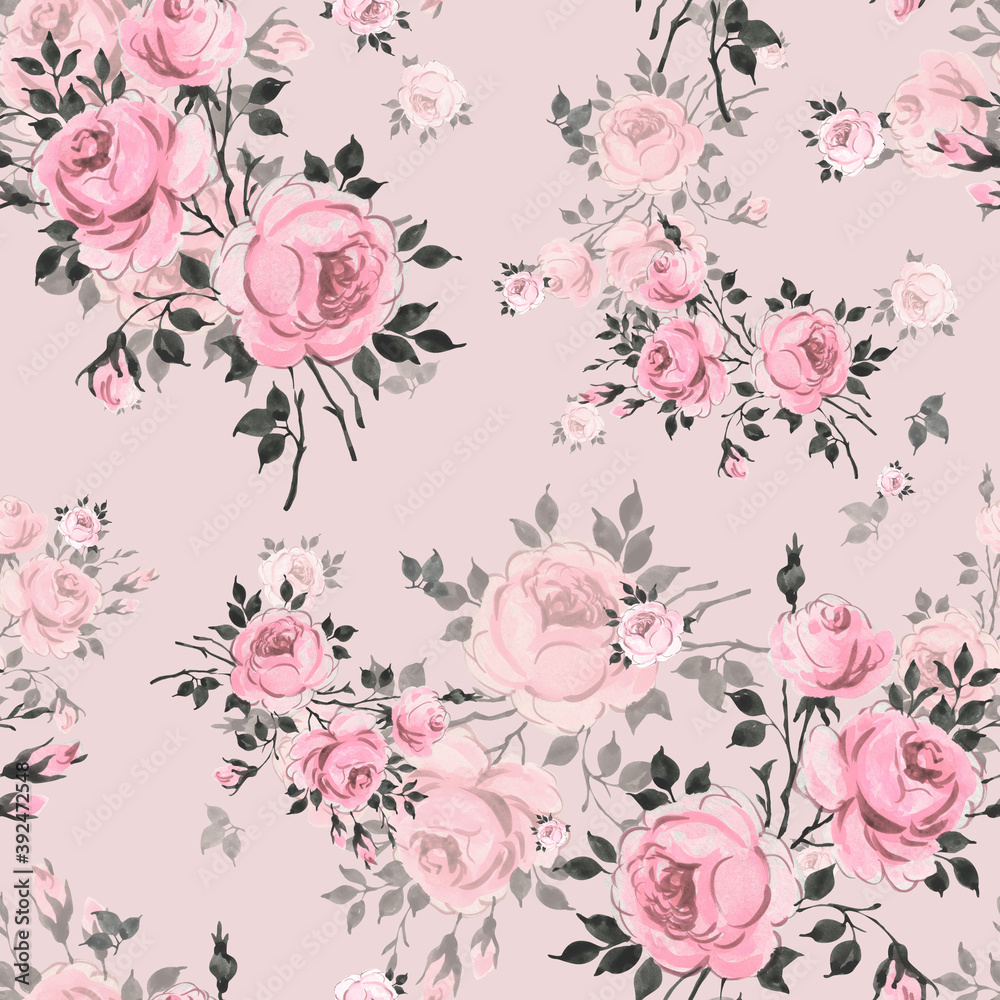 Abstract seamless pattern of beautiful roses with foliage and buds Abstract seamless pattern of beautiful roses with foliage and buds