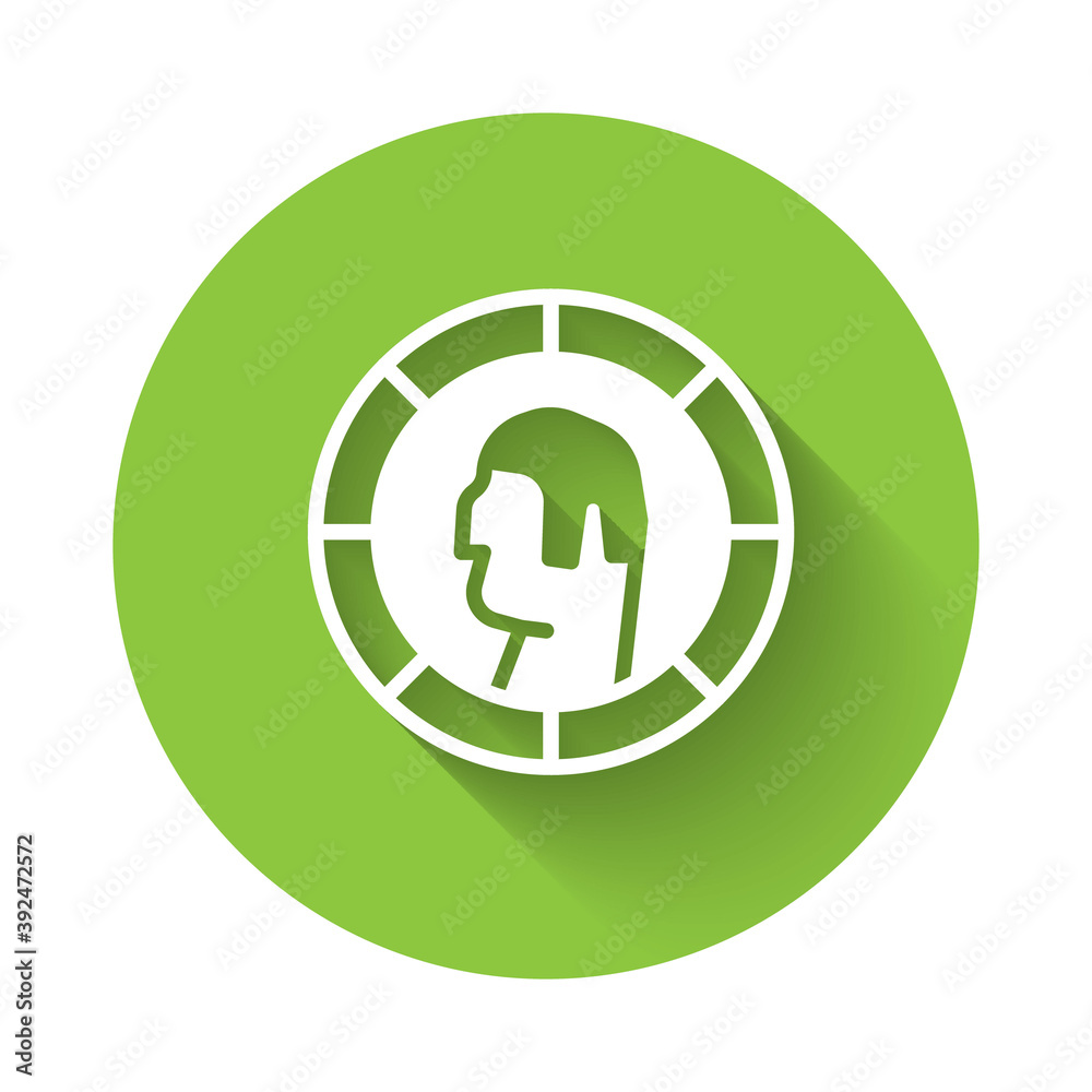 White Ancient Greek coin icon isolated with long shadow. Green circle button. Vector. White Ancient Greek coin icon isolated with long shadow. Green circle button. Vector.