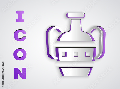 Paper cut Ancient amphorae icon isolated on grey background. Paper art style. Vector.