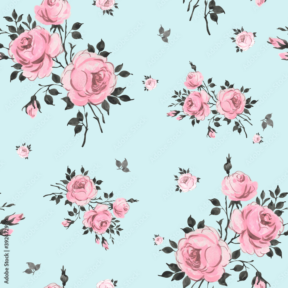  Abstract seamless pattern of beautiful roses with foliage and buds