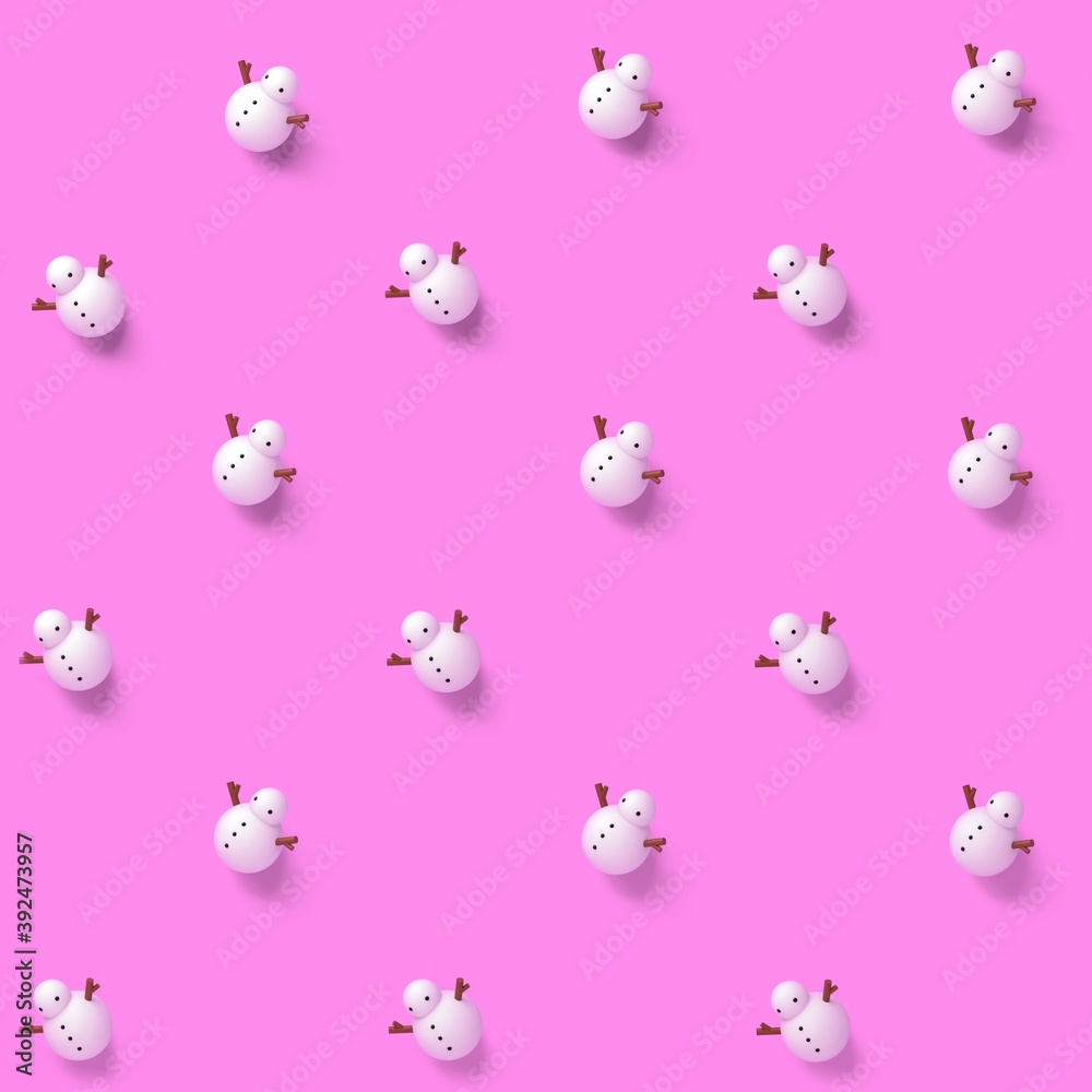 little character happy snowman cartoon pattern with soft shadow on a pink background. happy new year concept design. wallpaper decoration winter. seamless pattern background. 3d render illustrator.