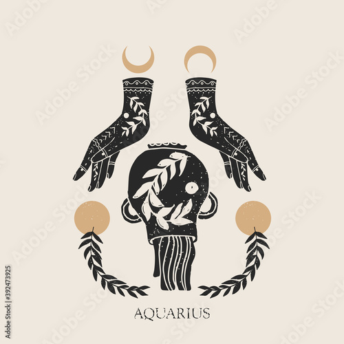 Zodiac sign Aquarius in boho style. Trendy vector illustration.