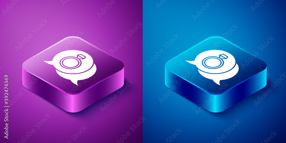 Isometric Diamond engagement ring icon isolated on blue and purple background. Square button. Vector. Isometric Diamond engagement ring icon isolated on blue and purple background. Square button. Vector.