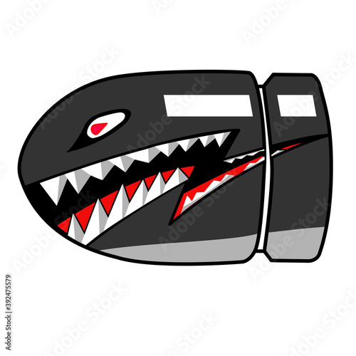 Cartoon shark teeth mouth on gun bullet. weapon gun vector illustration