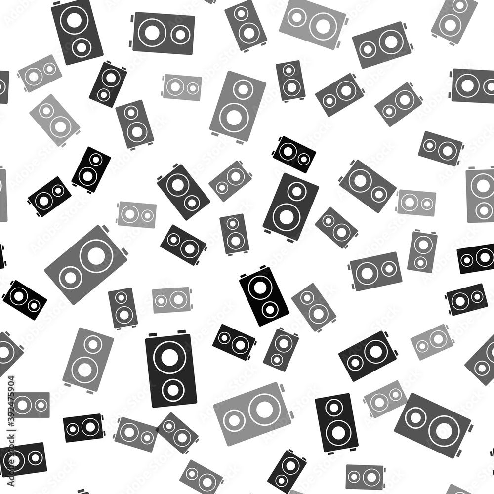 Black Stereo speaker icon isolated seamless pattern on white background. Sound system speakers. Music icon. Musical column speaker bass equipment. Vector. Black Stereo speaker icon isolated seamless pattern on white background. Sound system speakers. Music icon. Musical column speaker bass equipment. Vector.