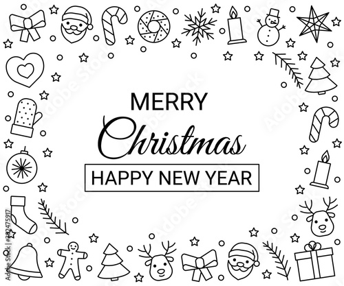 Frame line icons for Christmas and New Year. Greeting happy chrismas. Vector illustration