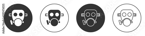 Black Gas mask icon isolated on white background. Respirator sign. Circle button. Vector.