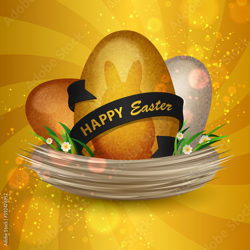 Silver, gold eggs with shadow of rabbit, ribbon and text Happy Easter in nest with grass and flowers. Golden spiral background. Vector illustration. Elements for banner, cards, poster, holiday, party.