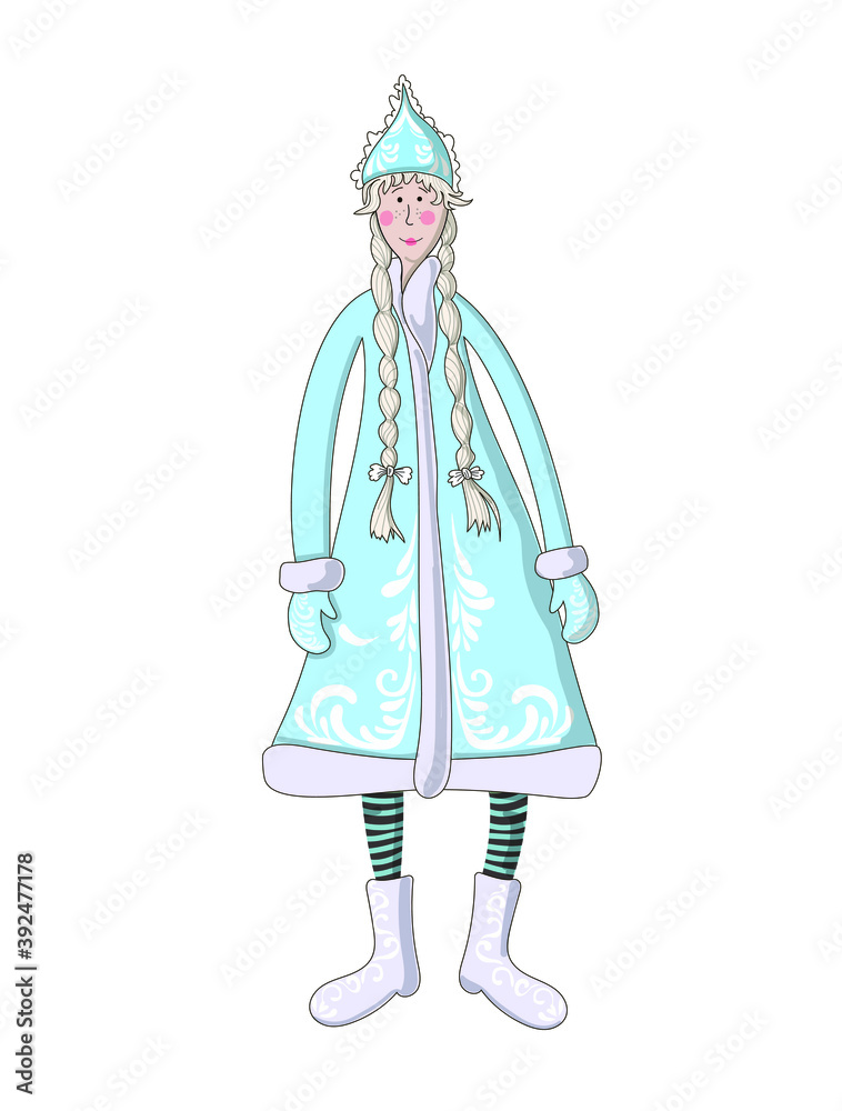 Snow Maiden in a blue fur coat, mittens and a kokoshnik, she is thin and funny, drawn in a cartoon style. The illustration is isolated on a white background. Stock vector illustration.
