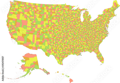 Pastel vector counties map of the federal states of United States of America