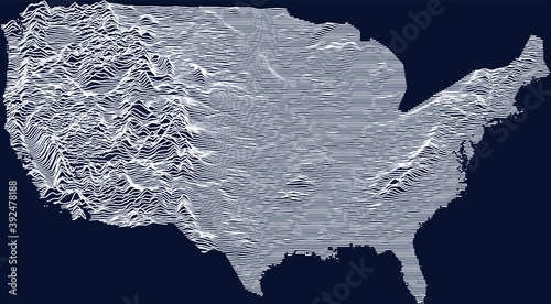 Topographic map of the United States of America with white contour lines on dark blue background (ortographic view of continental part)